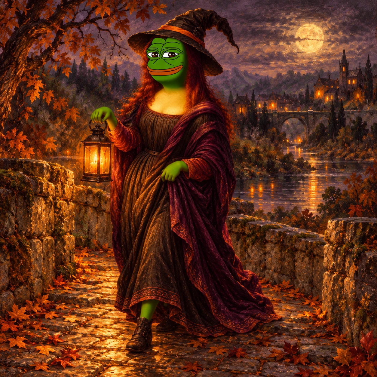 Mona Pepe Ween crossing a stone footbridge with a lantern