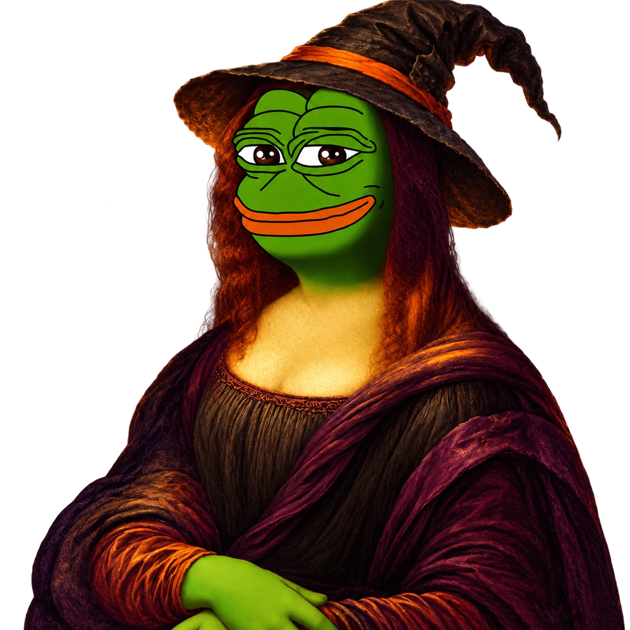 Green Mona Pepe Ween in a witch hat and plum cloak