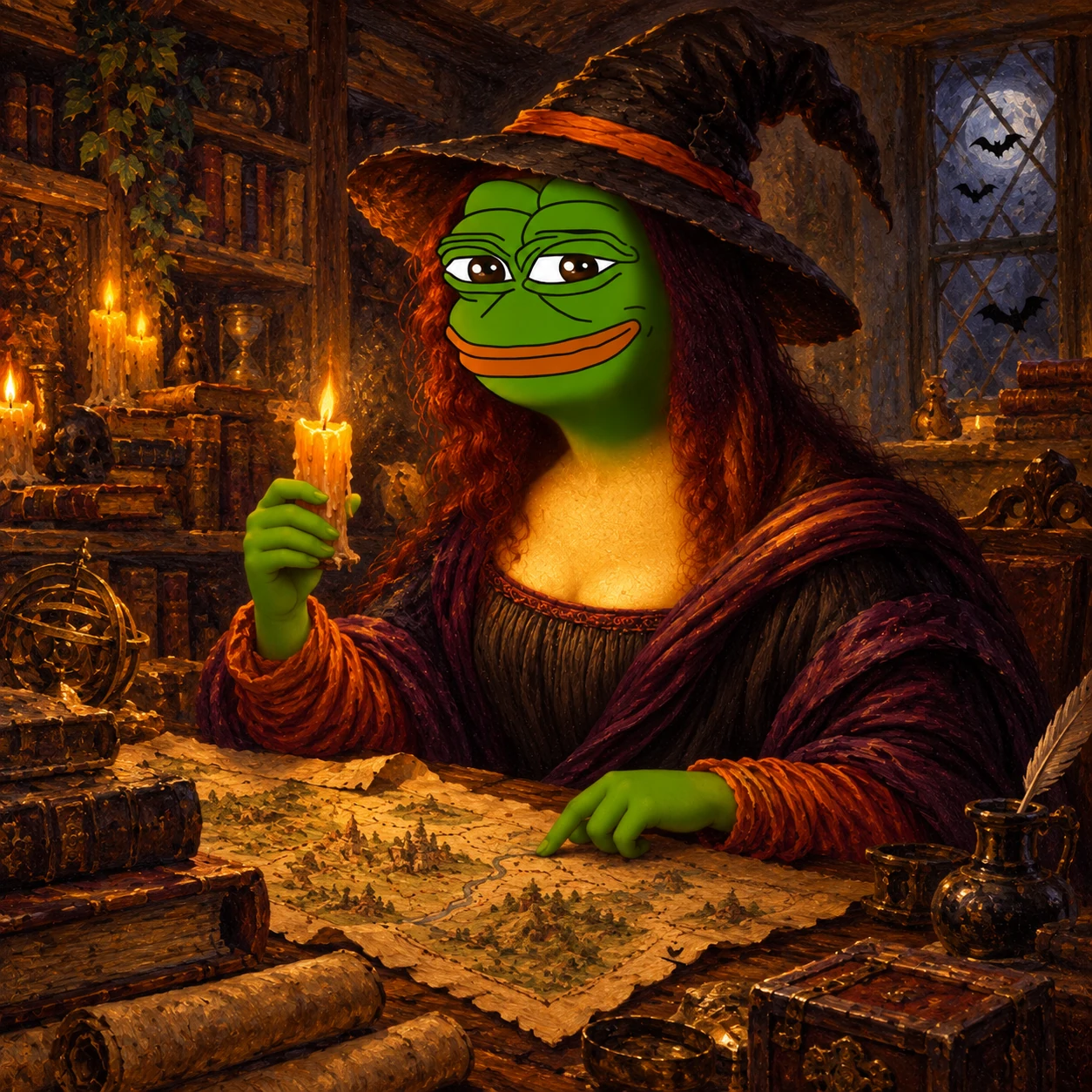 Mona Pepe Ween reading an old map in a village library
